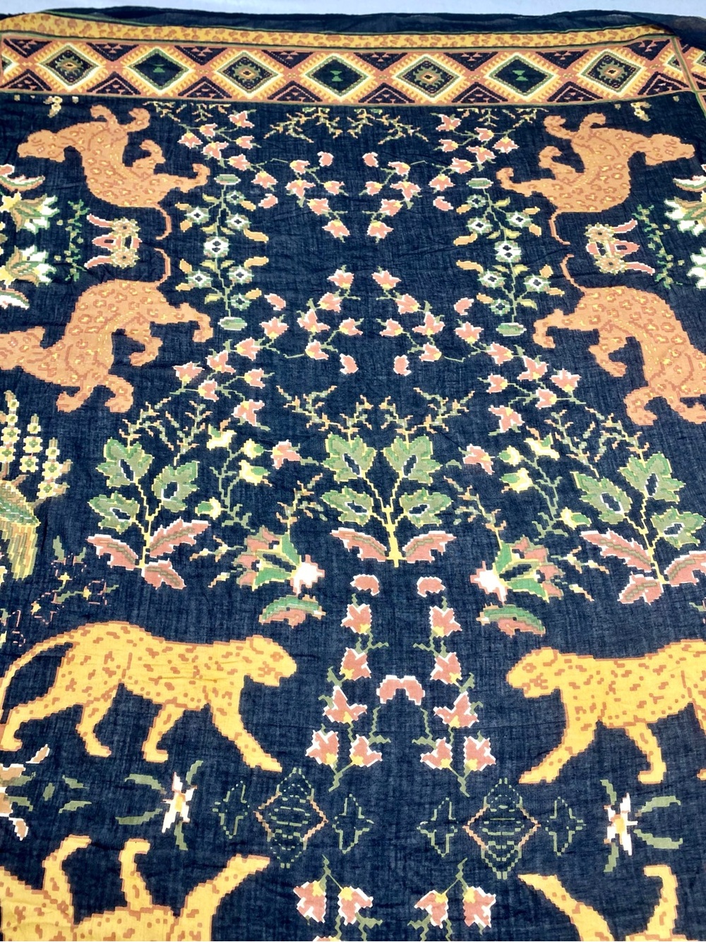 Oversized Lion Floral 100% Cotton Scarf Shawl 41x65 Navy Blue Boho